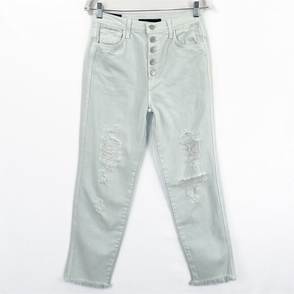 J Brand Jeans Womens 26 Green Straight Leg Frayed Hem High Rise Button Fly NWT - Picture 2 of 16